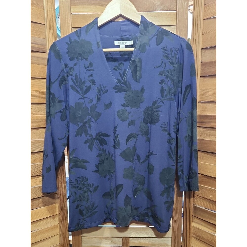 Chico's Purple Black Floral Print Knit Top Women M Rayon Spandex